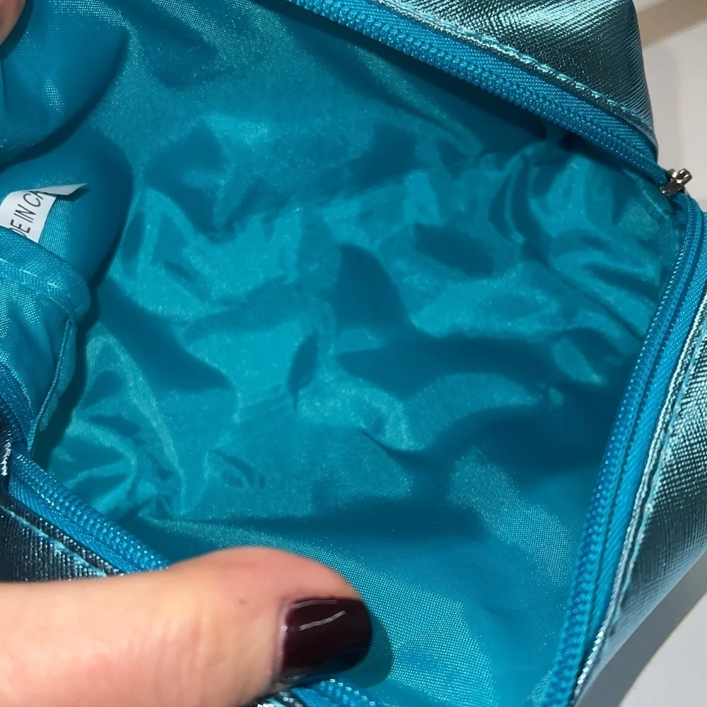 Sunday Riley Teal Vegan Metallic Leather Zip Top Cosmetic Clutch